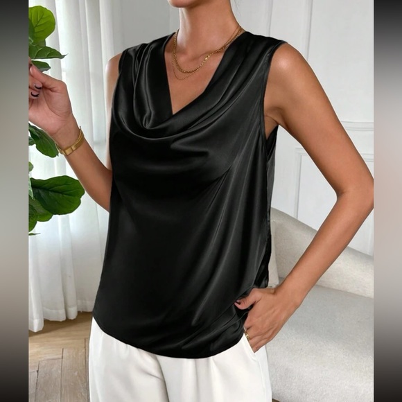 Luxe teal blue draped front sleeveless blouse - Picture 11 of 16